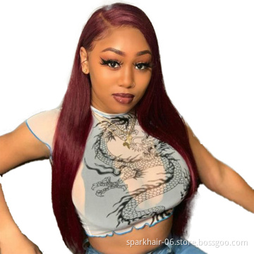 Factory Direct Sale Virgin Human Hair Lace Wigs,Long Colored 99J Brazilian Human Hair Lace Wigs,Middle Part With Baby Hair Hair